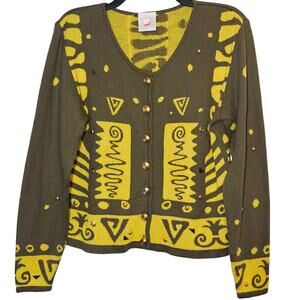 Mondi Vintage 80s Sweater Geometric Green/Yellow Embellished Retro Casual 38 Med